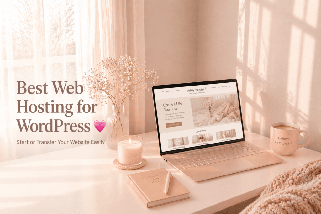 cozy pink desk setup with laptop for beginner blogging and web hosting guide