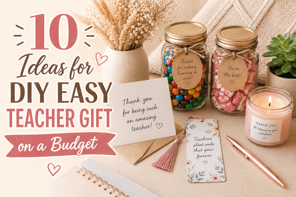 easy teacher gift DIY setup with cozy handmade items including jar candle card and plant on neutral desk