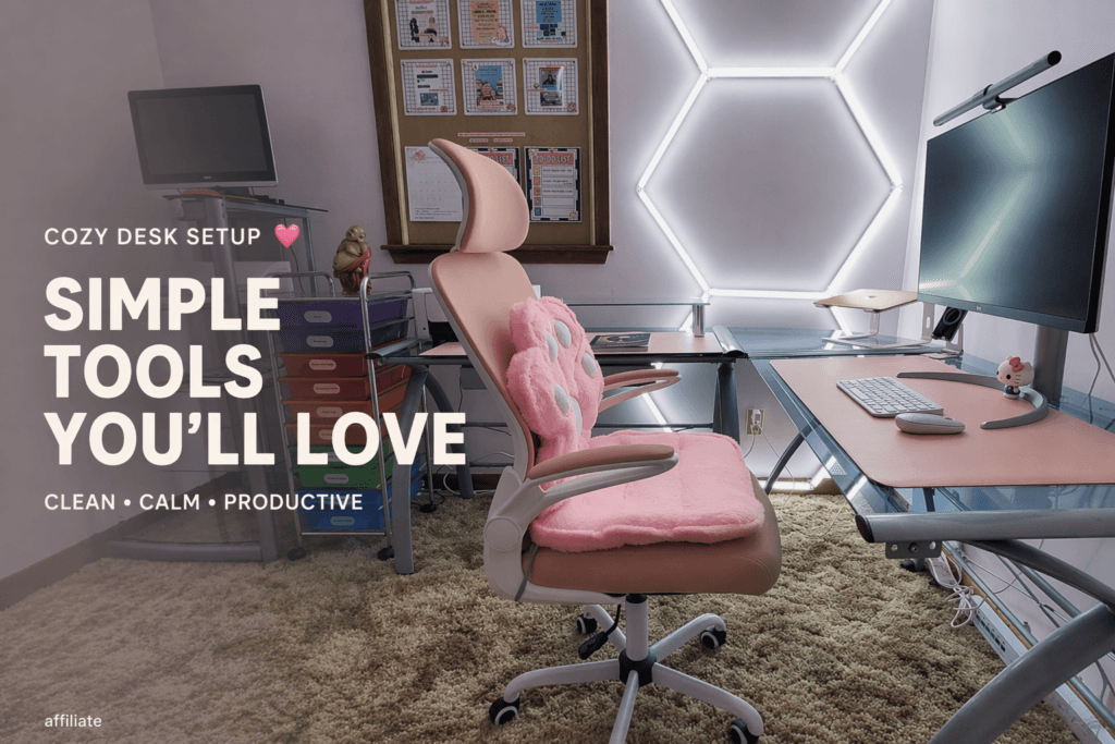 Cozy desk setup with keyboard, monitor light bar, desk pad, monitor, and ergonomic chair in a clean workspace