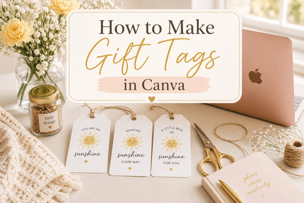 Cozy workspace with sunshine-themed printable gift tags designed in Canva, soft daylight aesthetic with yellow accents and minimal feminine desk setup