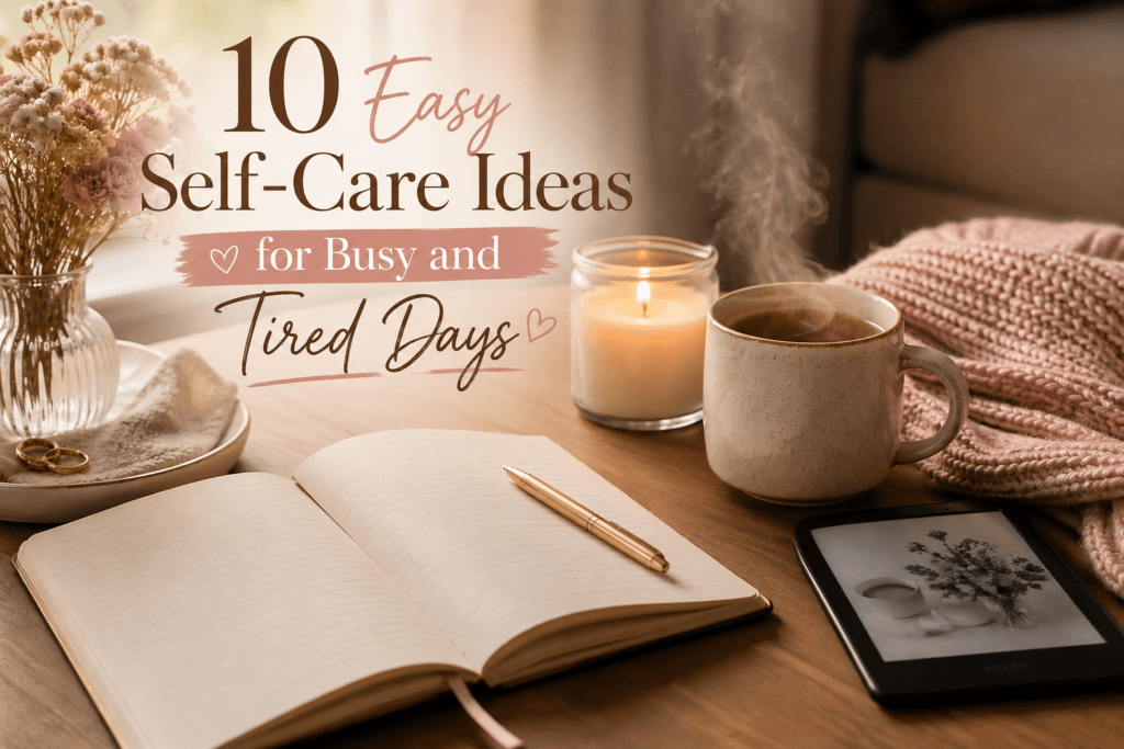Cozy self-care ideas with journal, candle, tea, blanket, and book in a soft neutral home setting