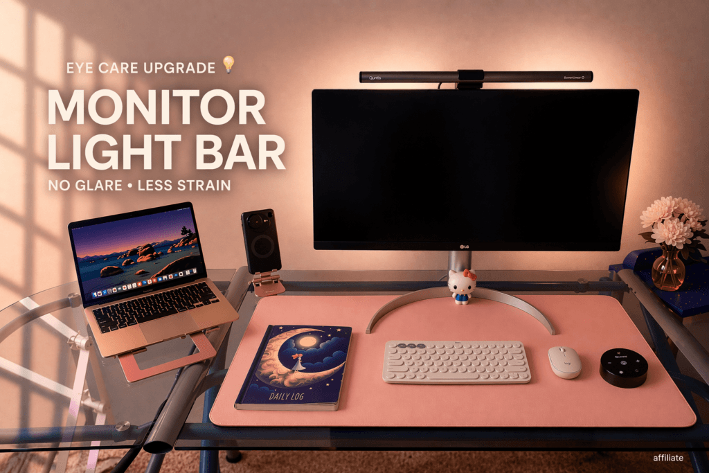 Quntis monitor light bar mounted on a computer screen in a cozy home office setup with warm lighting and a clean desk