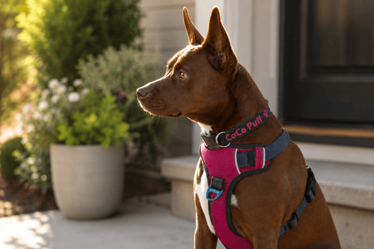 CoCo Puff wearing a pink no-pull dog harness as a helpful tool to help your dog stop pulling on the leash.