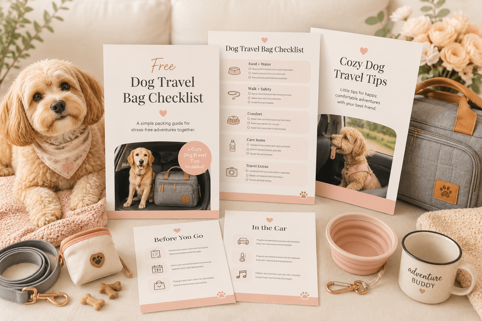 Want a simpler way to pack next time? Download the free Dog Travel Bag Checklist and Cozy Dog Travel Tips so you can keep a sweet little packing guide nearby before your next outing
