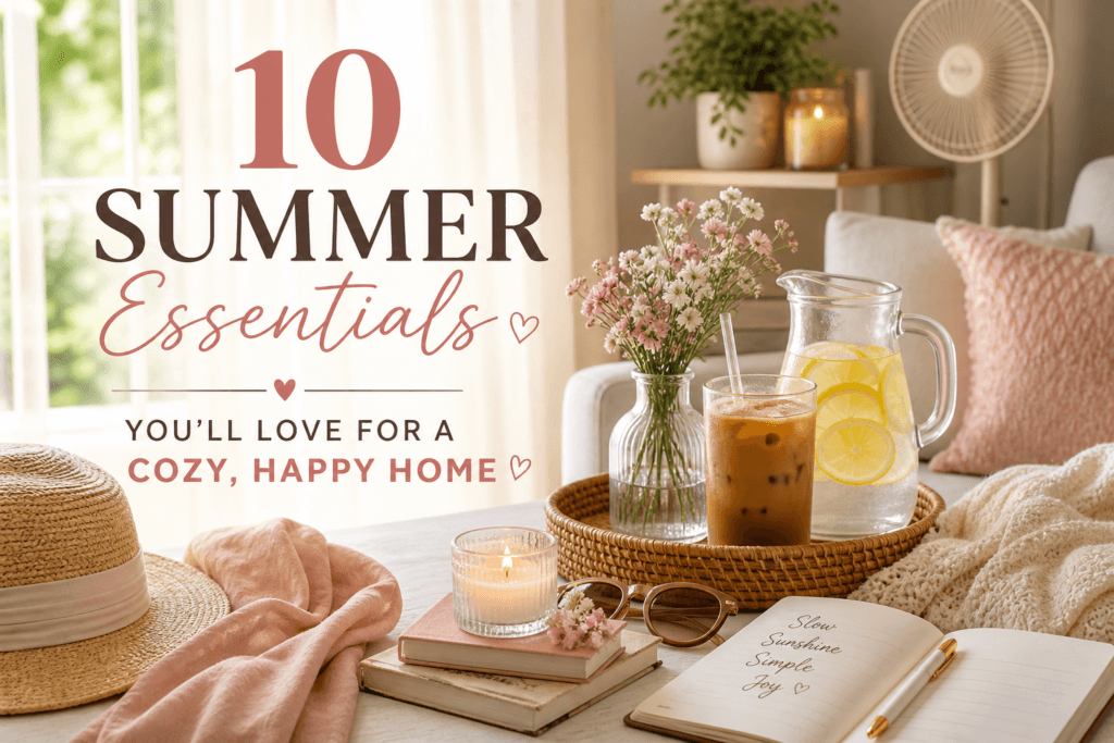 Cozy summer home setup with soft sunlight, iced drink, light decor, and airy curtains creating a calm and happy space