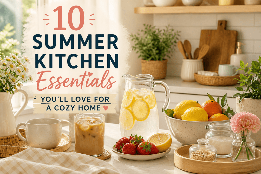 Summer kitchen essentials setup with iced drinks, fresh fruits, and cozy neutral kitchen decor in soft natural light